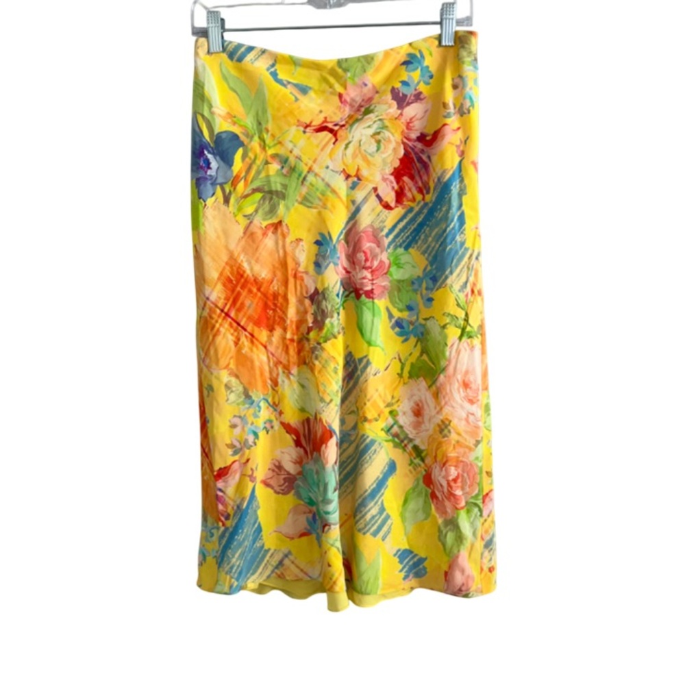 Ralph Lauren Purple Label Silk Yellow Multi Floral Midi Skirt Women's Size 6